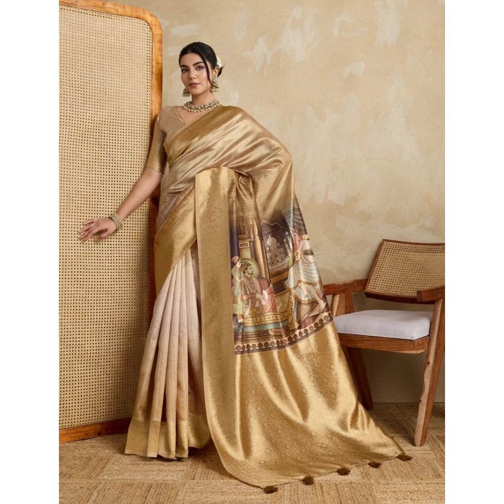 Generic Women's Silk Printed Saree With Unstitched Blouse 5.5Mtr (Gold) - MYLUXURY LANE ENTERPRISE
