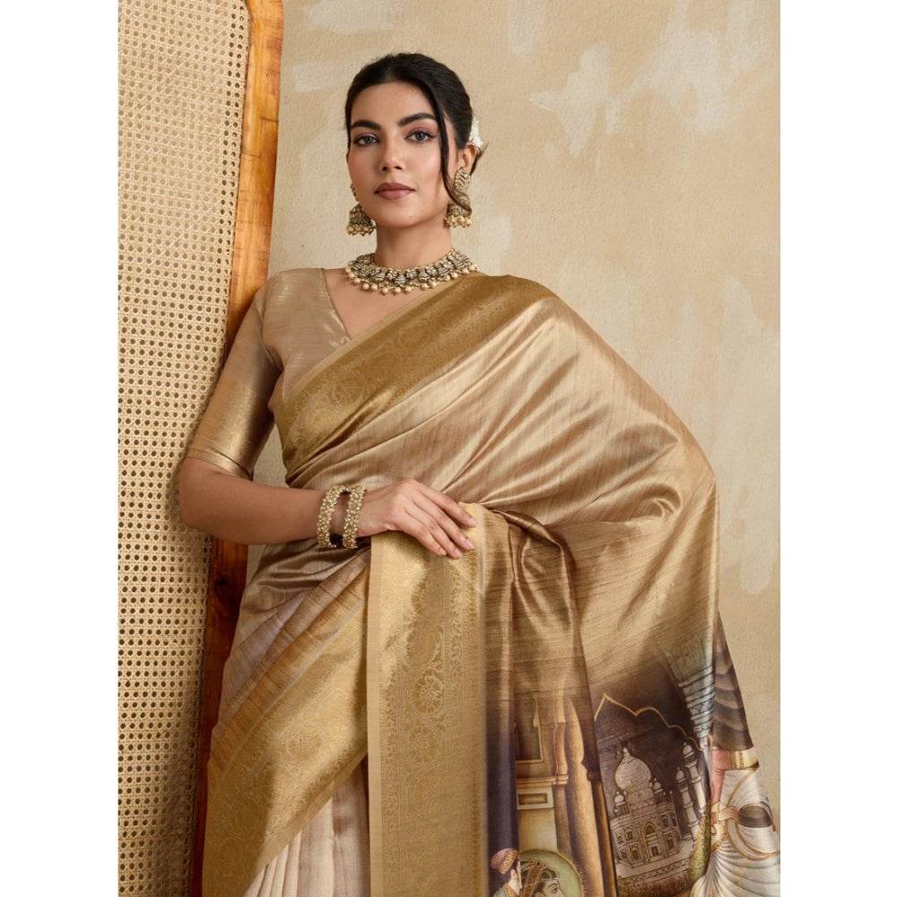 Generic Women's Silk Printed Saree With Unstitched Blouse 5.5Mtr (Gold) - MYLUXURY LANE ENTERPRISE