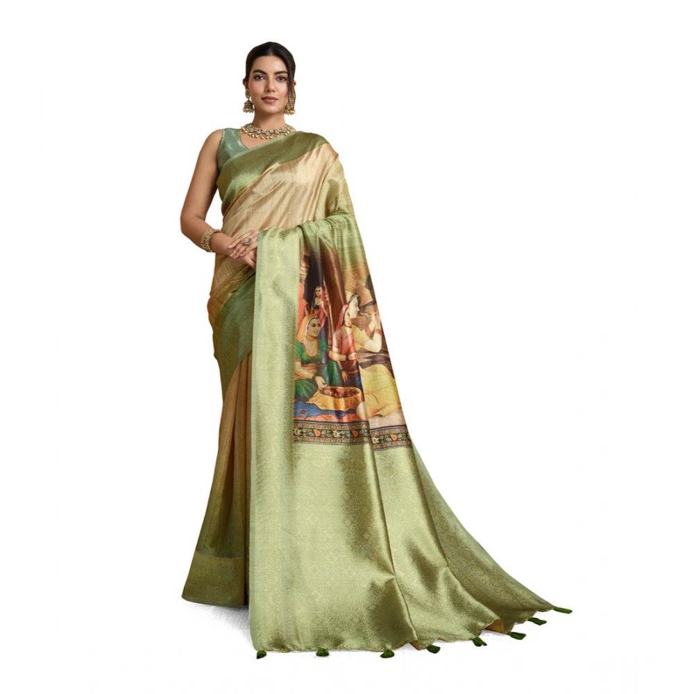 Generic Women's Silk Printed Saree With Unstitched Blouse 5.5Mtr (Mehendi) - MYLUXURY LANE ENTERPRISE