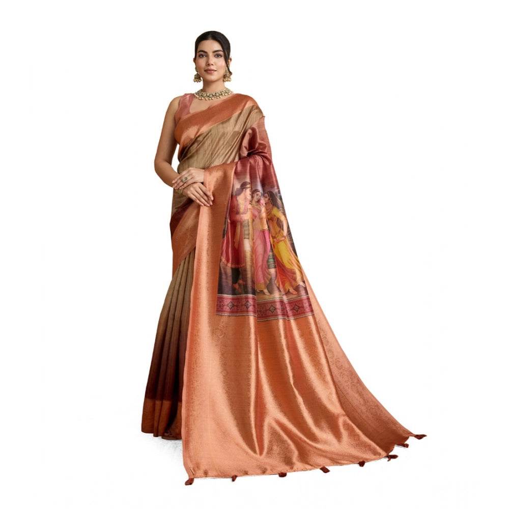 Generic Women's Silk Printed Saree With Unstitched Blouse 5.5Mtr (Peach) - MYLUXURY LANE ENTERPRISE