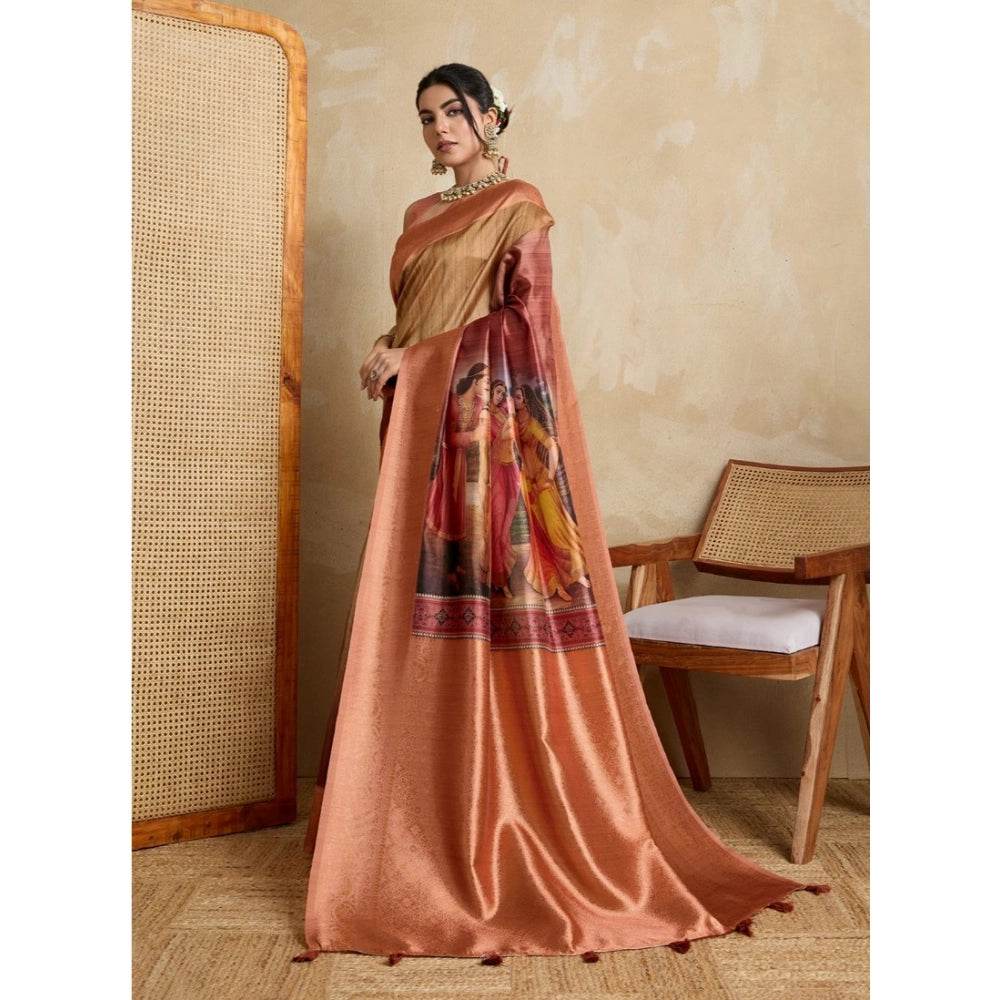 Generic Women's Silk Printed Saree With Unstitched Blouse 5.5Mtr (Peach) - MYLUXURY LANE ENTERPRISE