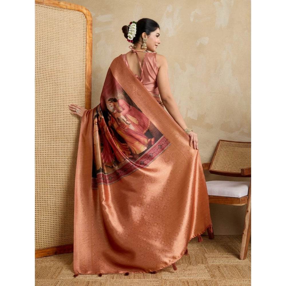 Generic Women's Silk Printed Saree With Unstitched Blouse 5.5Mtr (Peach) - MYLUXURY LANE ENTERPRISE