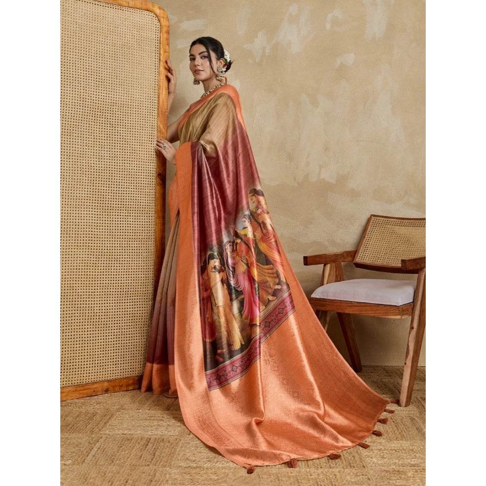 Generic Women's Silk Printed Saree With Unstitched Blouse 5.5Mtr (Peach) - MYLUXURY LANE ENTERPRISE