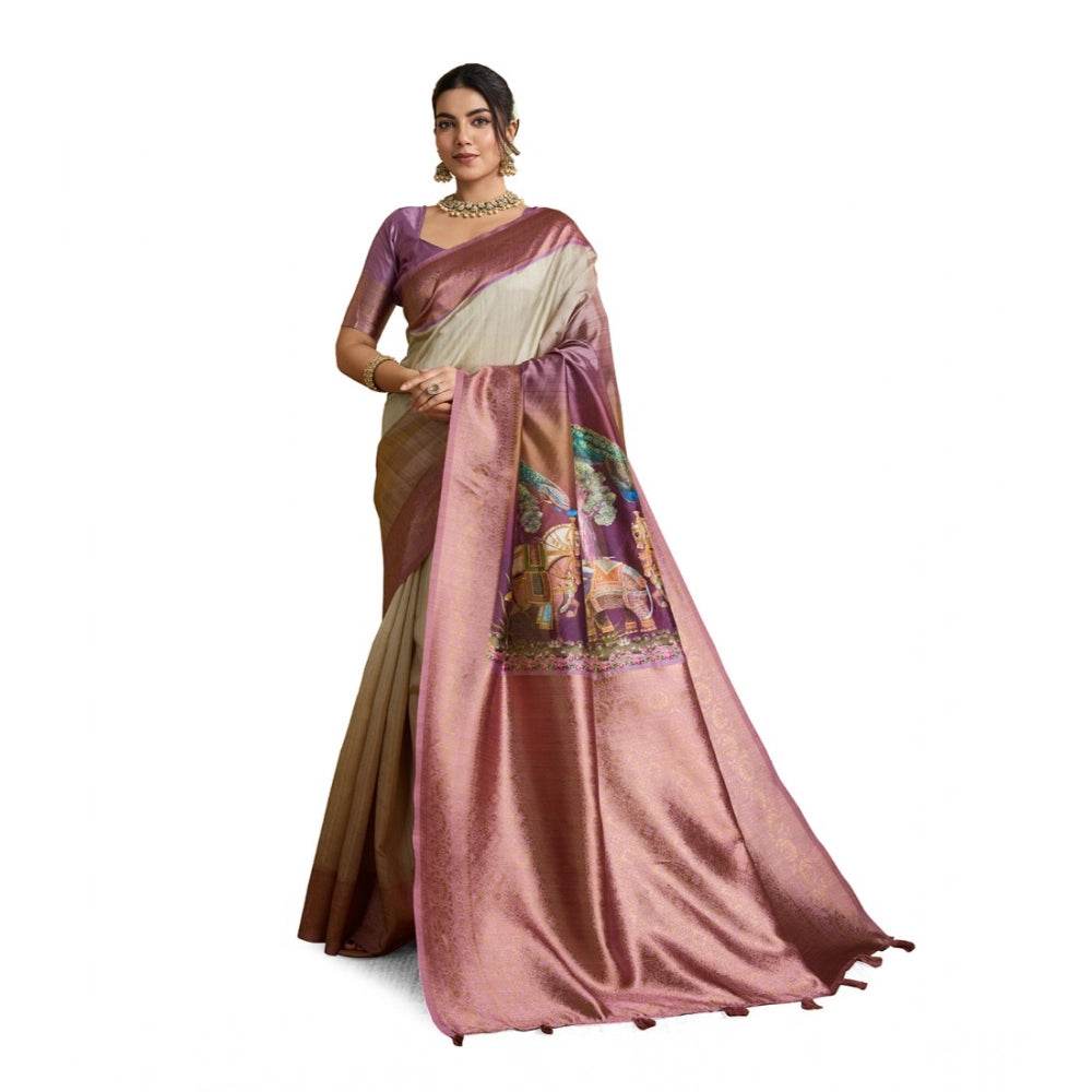Generic Women's Silk Printed Saree With Unstitched Blouse 5.5Mtr (Wine) - MYLUXURY LANE ENTERPRISE