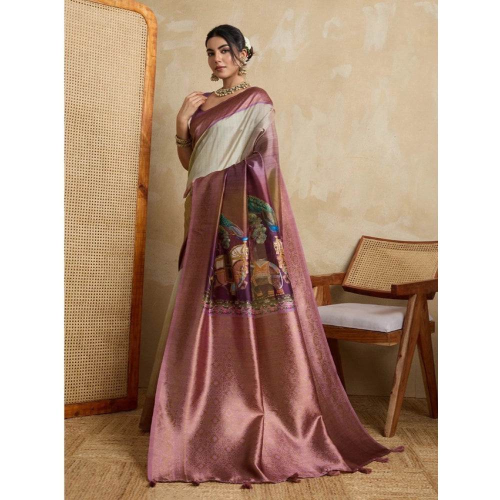 Generic Women's Silk Printed Saree With Unstitched Blouse 5.5Mtr (Wine) - MYLUXURY LANE ENTERPRISE