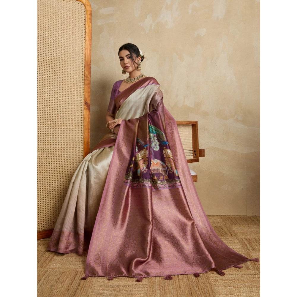 Generic Women's Silk Printed Saree With Unstitched Blouse 5.5Mtr (Wine) - MYLUXURY LANE ENTERPRISE