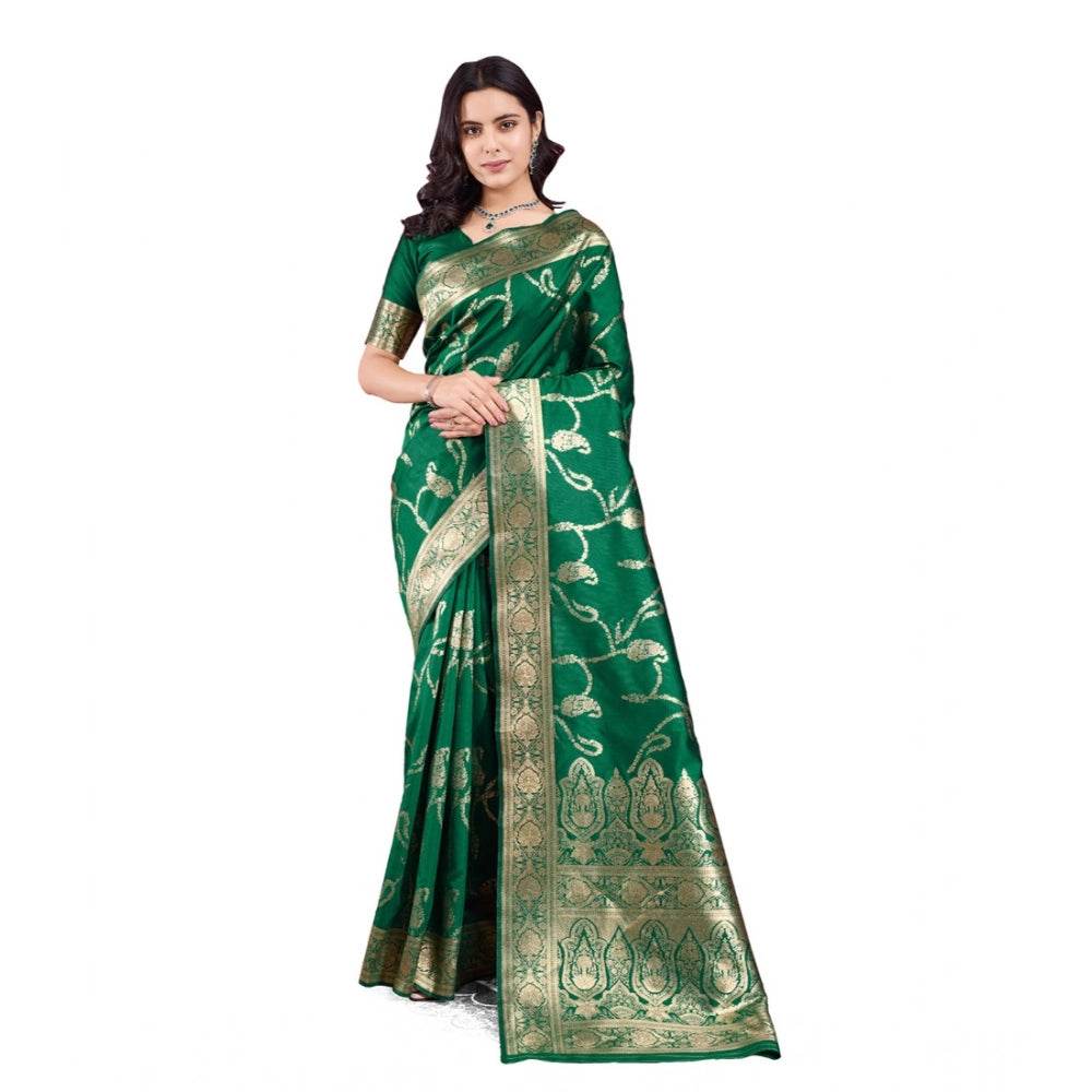 Generic Women's Banarasi Silk Printed Saree With Unstitched Blouse 5.5Mtr (Green) - MYLUXURY LANE ENTERPRISE