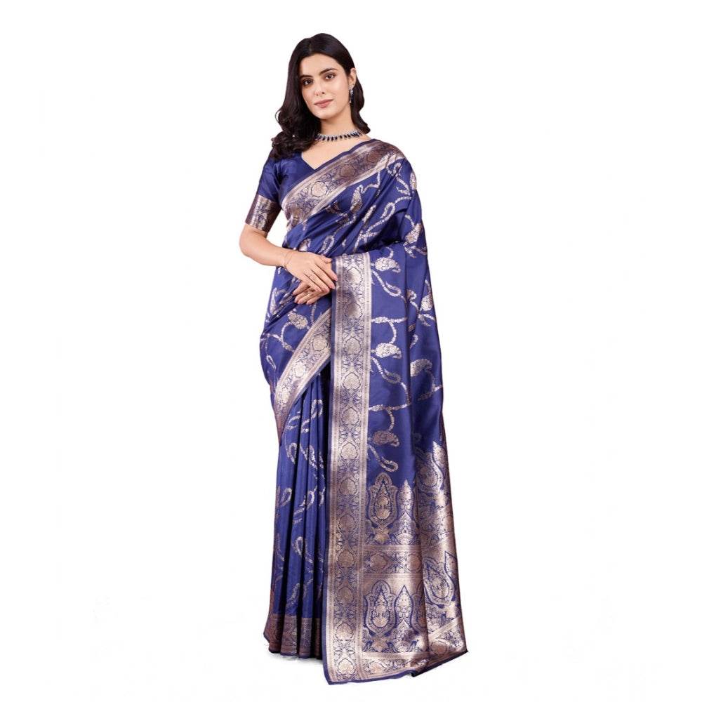 Generic Women's Banarasi Silk Printed Saree With Unstitched Blouse 5.5Mtr (Blue) - MYLUXURY LANE ENTERPRISE