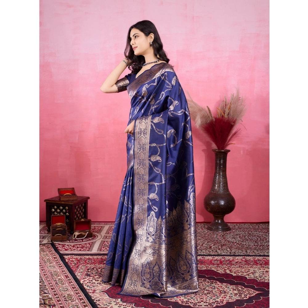 Generic Women's Banarasi Silk Printed Saree With Unstitched Blouse 5.5Mtr (Blue) - MYLUXURY LANE ENTERPRISE