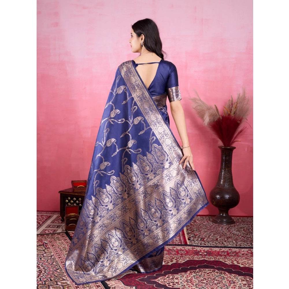 Generic Women's Banarasi Silk Printed Saree With Unstitched Blouse 5.5Mtr (Blue) - MYLUXURY LANE ENTERPRISE