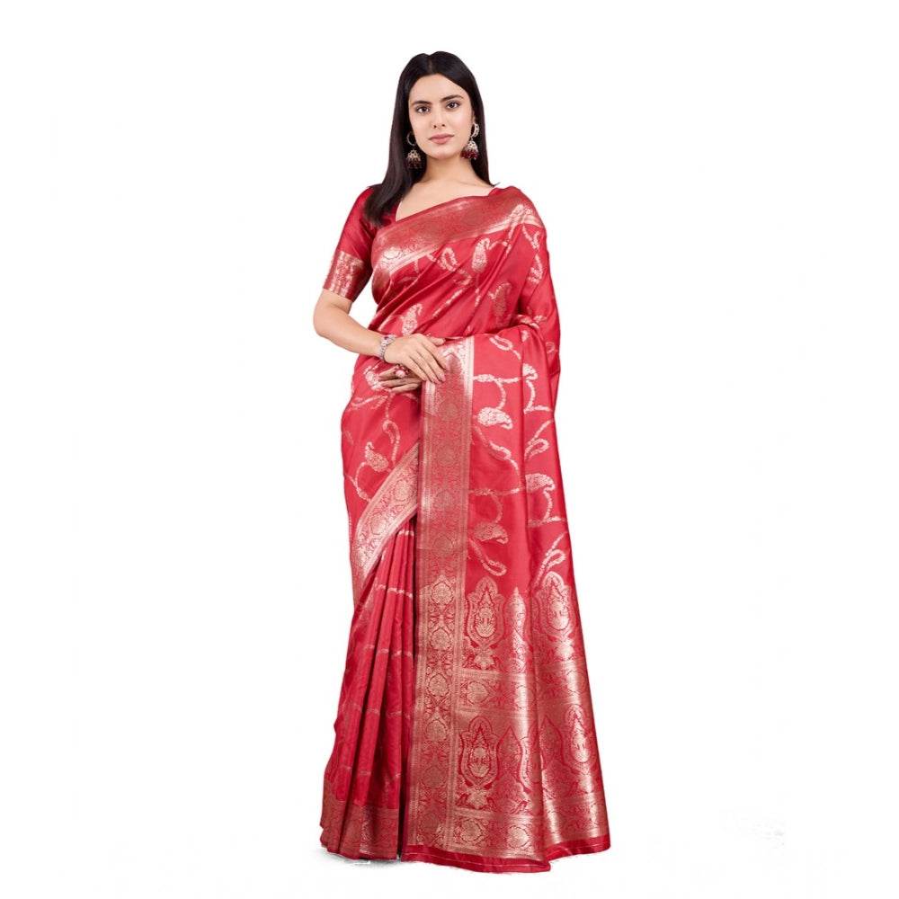 Generic Women's Banarasi Silk Printed Saree With Unstitched Blouse 5.5Mtr (Red) - MYLUXURY LANE ENTERPRISE