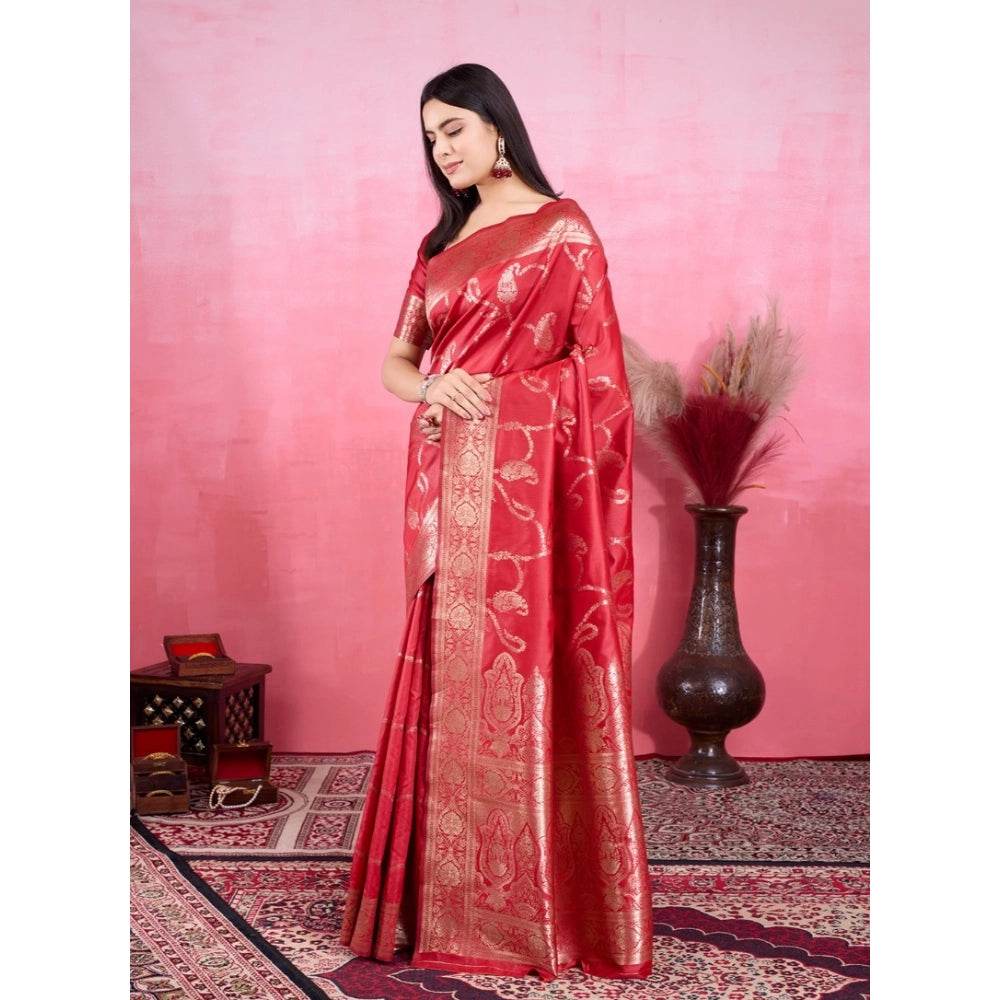Generic Women's Banarasi Silk Printed Saree With Unstitched Blouse 5.5Mtr (Red) - MYLUXURY LANE ENTERPRISE