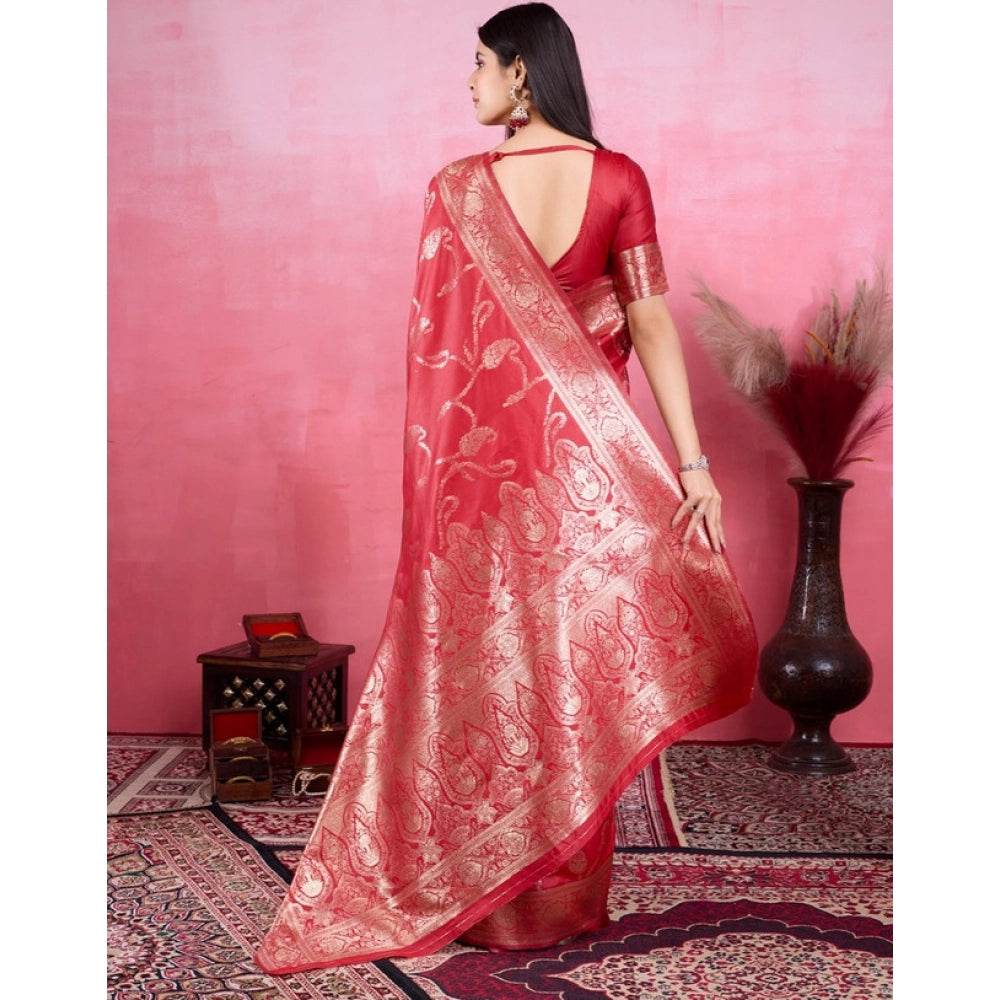 Generic Women's Banarasi Silk Printed Saree With Unstitched Blouse 5.5Mtr (Red) - MYLUXURY LANE ENTERPRISE