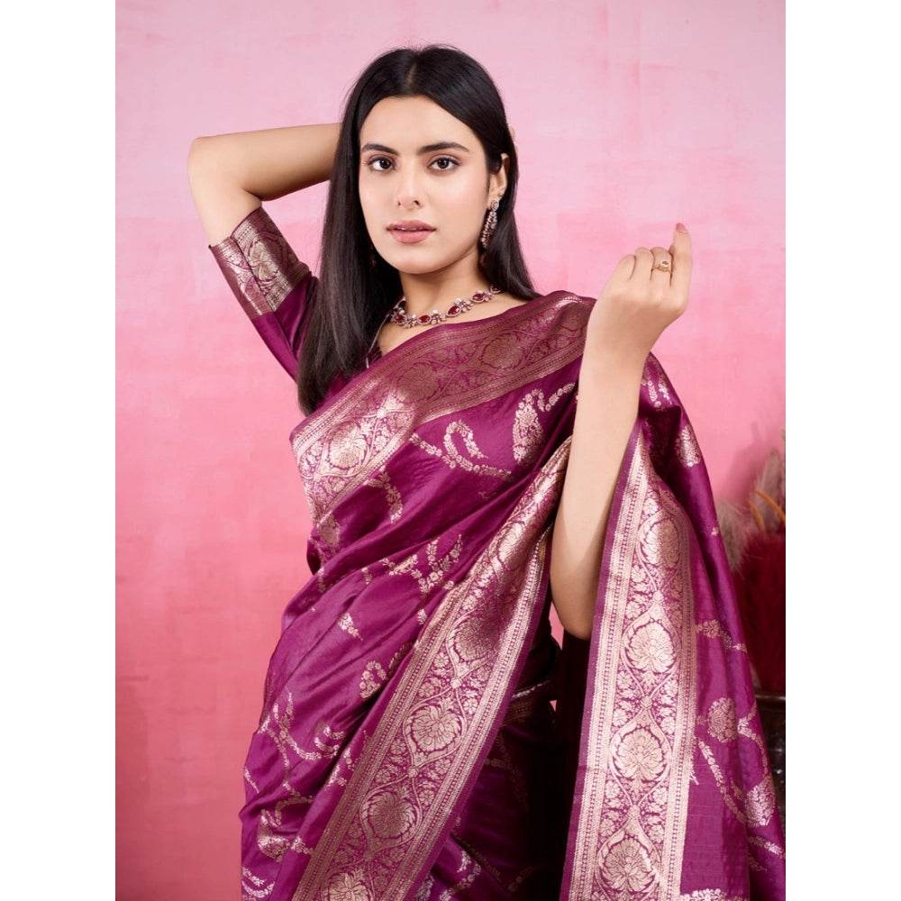 Generic Women's Banarasi Silk Printed Saree With Unstitched Blouse 5.5Mtr (Wine) - MYLUXURY LANE ENTERPRISE