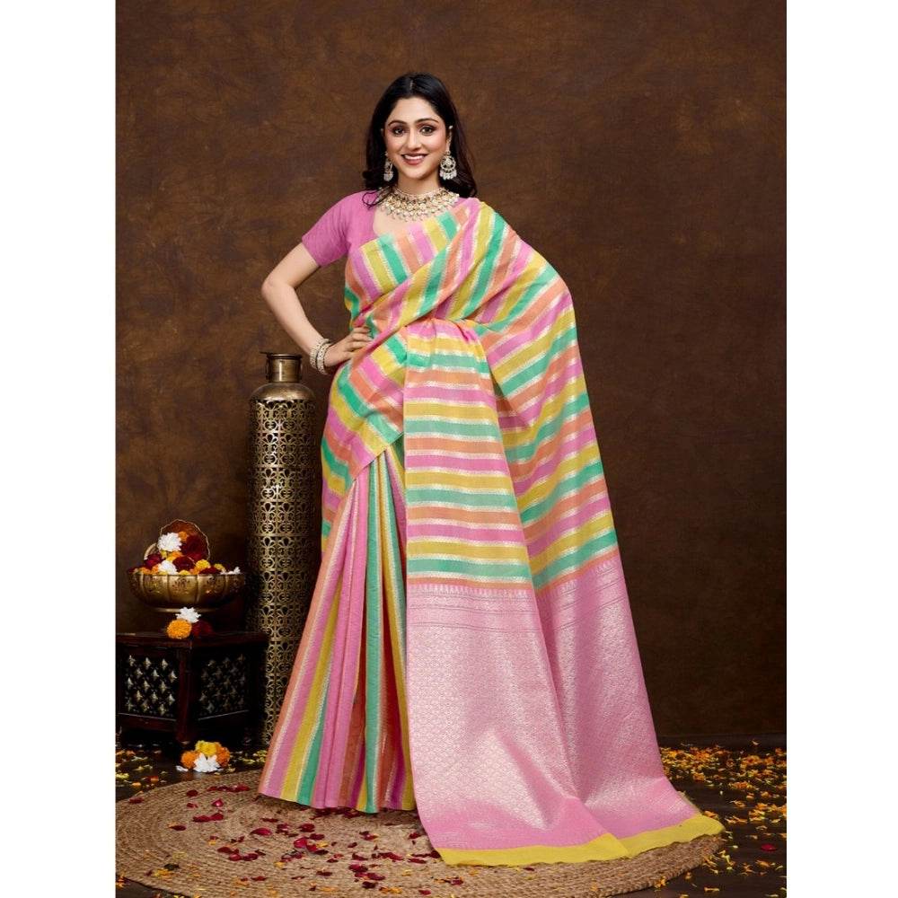 Generic Women's Cotton Blended Printed Saree With Unstitched Blouse 5.5Mtr (Pink) - MYLUXURY LANE ENTERPRISE