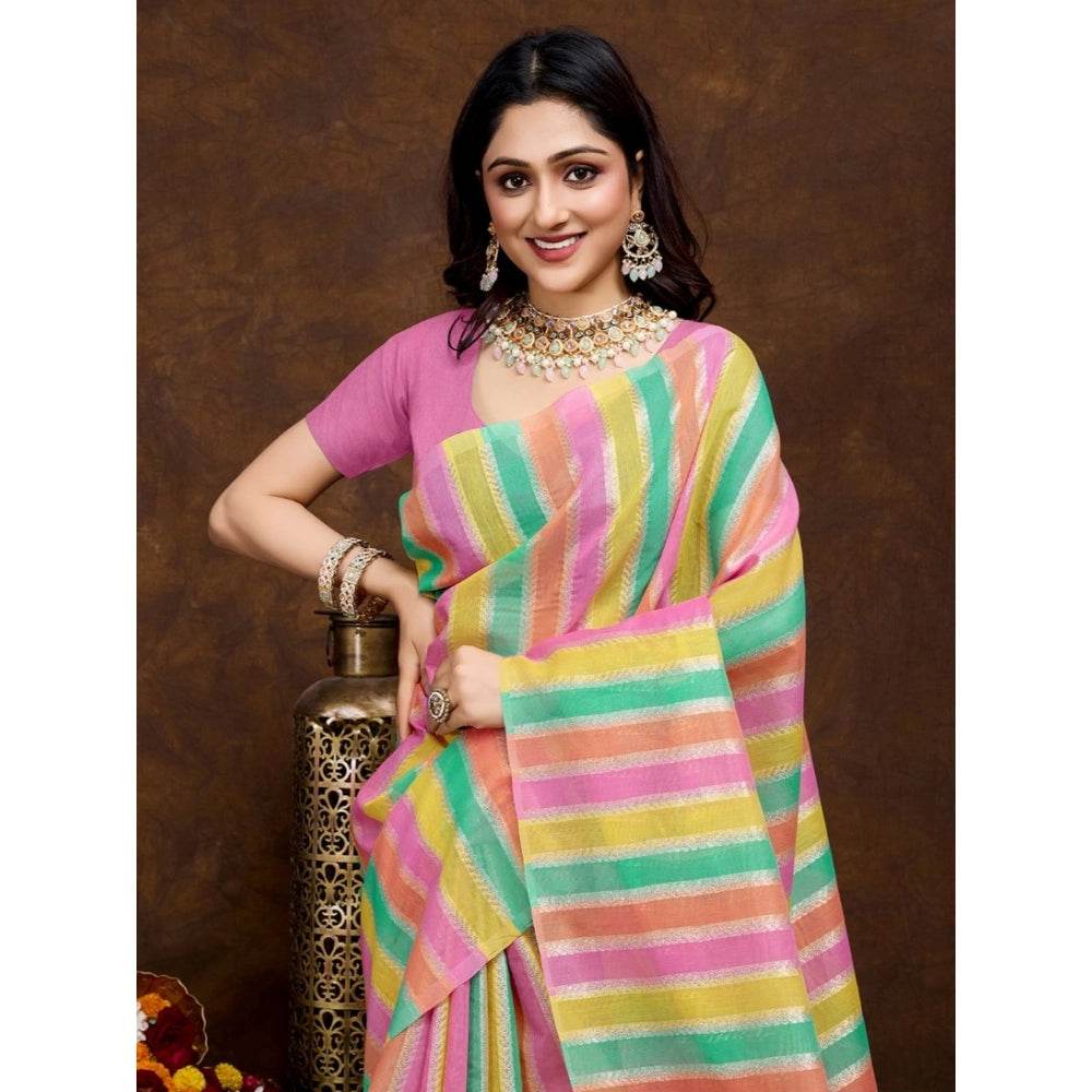 Generic Women's Cotton Blended Printed Saree With Unstitched Blouse 5.5Mtr (Pink) - MYLUXURY LANE ENTERPRISE