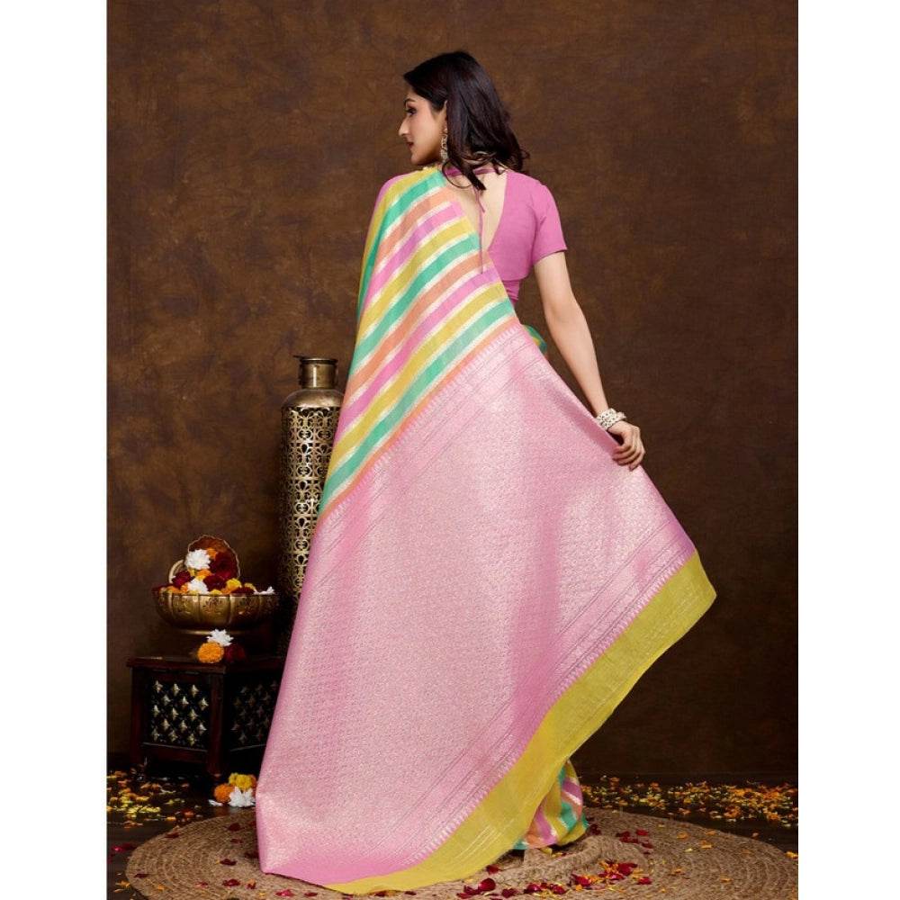 Generic Women's Cotton Blended Printed Saree With Unstitched Blouse 5.5Mtr (Pink) - MYLUXURY LANE ENTERPRISE