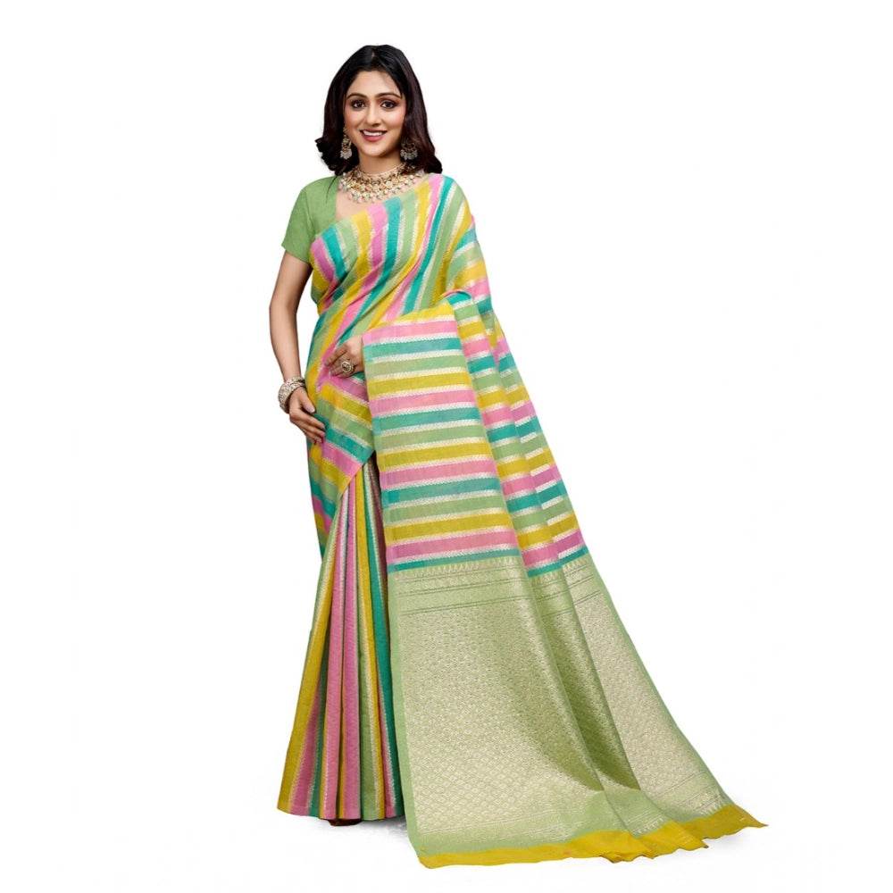 Generic Women's Cotton Blended Printed Saree With Unstitched Blouse 5.5Mtr (Pista) - MYLUXURY LANE ENTERPRISE