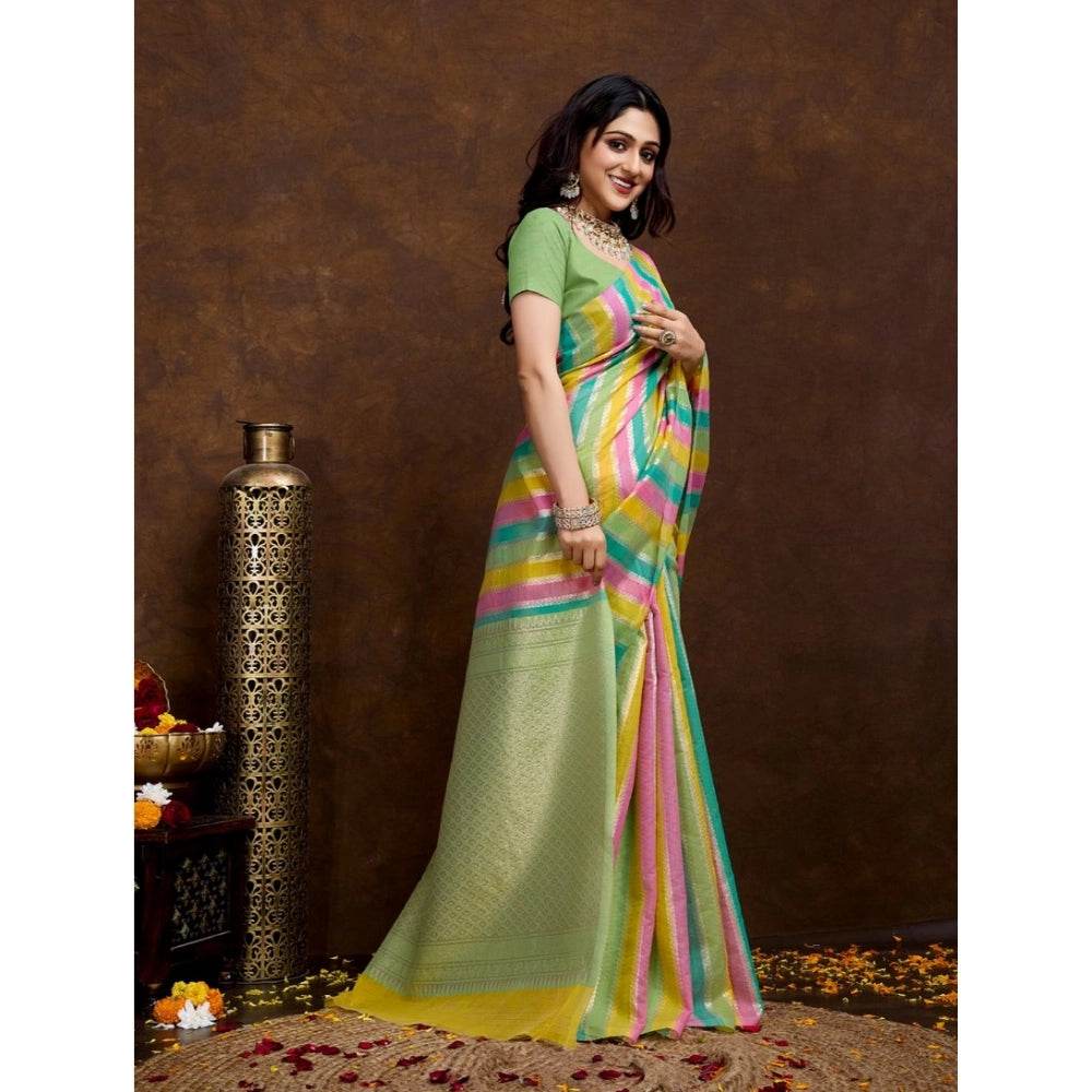 Generic Women's Cotton Blended Printed Saree With Unstitched Blouse 5.5Mtr (Pista) - MYLUXURY LANE ENTERPRISE