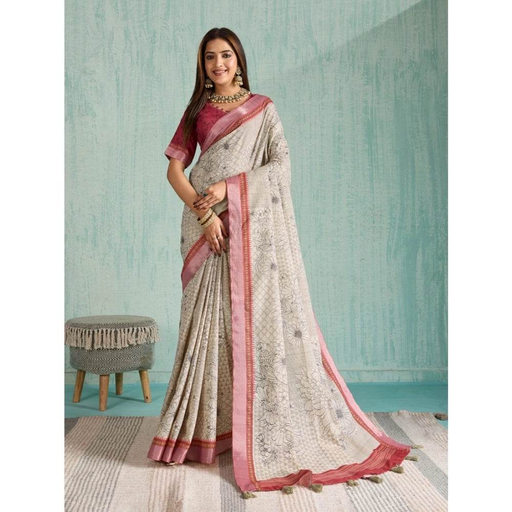 Generic Women's Silk Blend Printed Saree With Unstitched Blouse 5.5Mtr (Beige) - MYLUXURY LANE ENTERPRISE