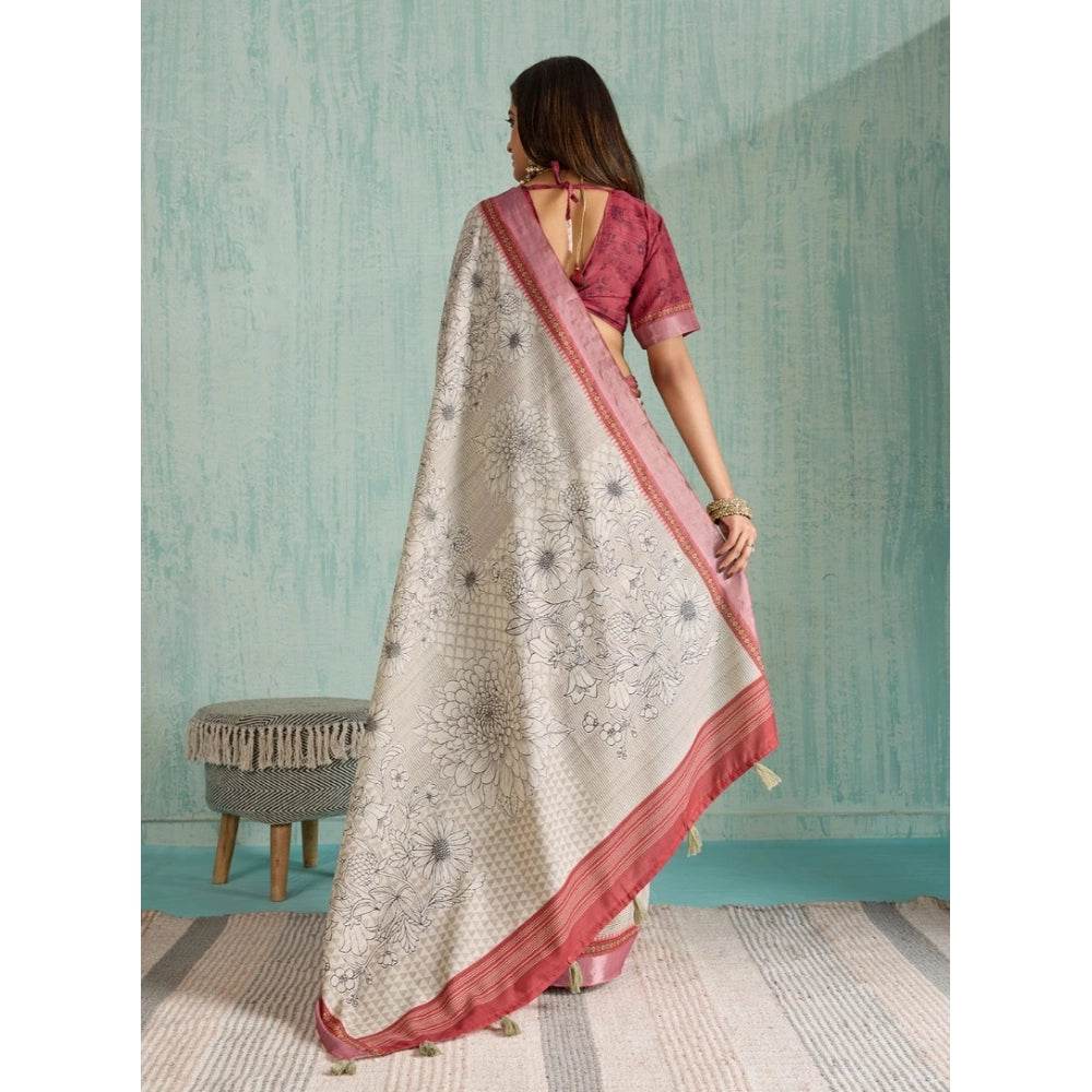 Generic Women's Silk Blend Printed Saree With Unstitched Blouse 5.5Mtr (Beige) - MYLUXURY LANE ENTERPRISE