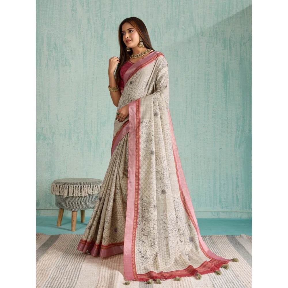 Generic Women's Silk Blend Printed Saree With Unstitched Blouse 5.5Mtr (Beige) - MYLUXURY LANE ENTERPRISE