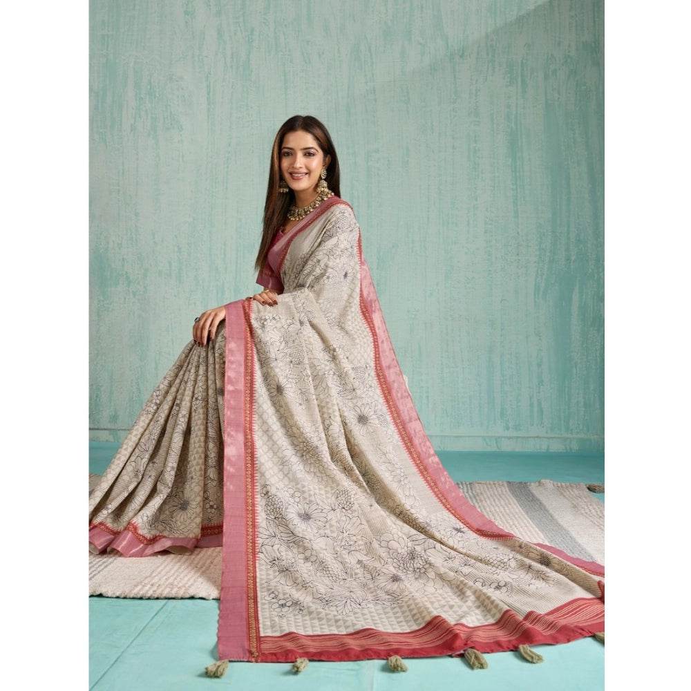Generic Women's Silk Blend Printed Saree With Unstitched Blouse 5.5Mtr (Beige) - MYLUXURY LANE ENTERPRISE