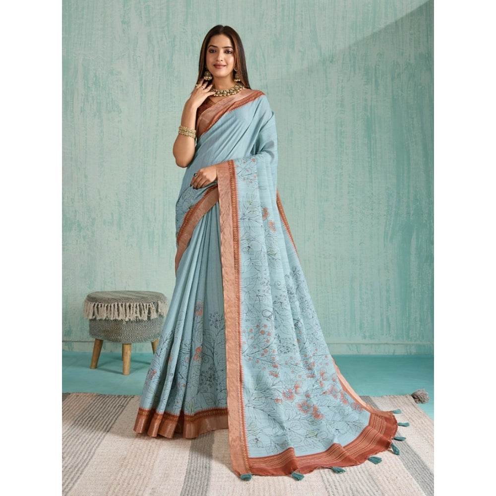 Generic Women's Silk Blend Printed Saree With Unstitched Blouse 5.5Mtr (Blue) - MYLUXURY LANE ENTERPRISE