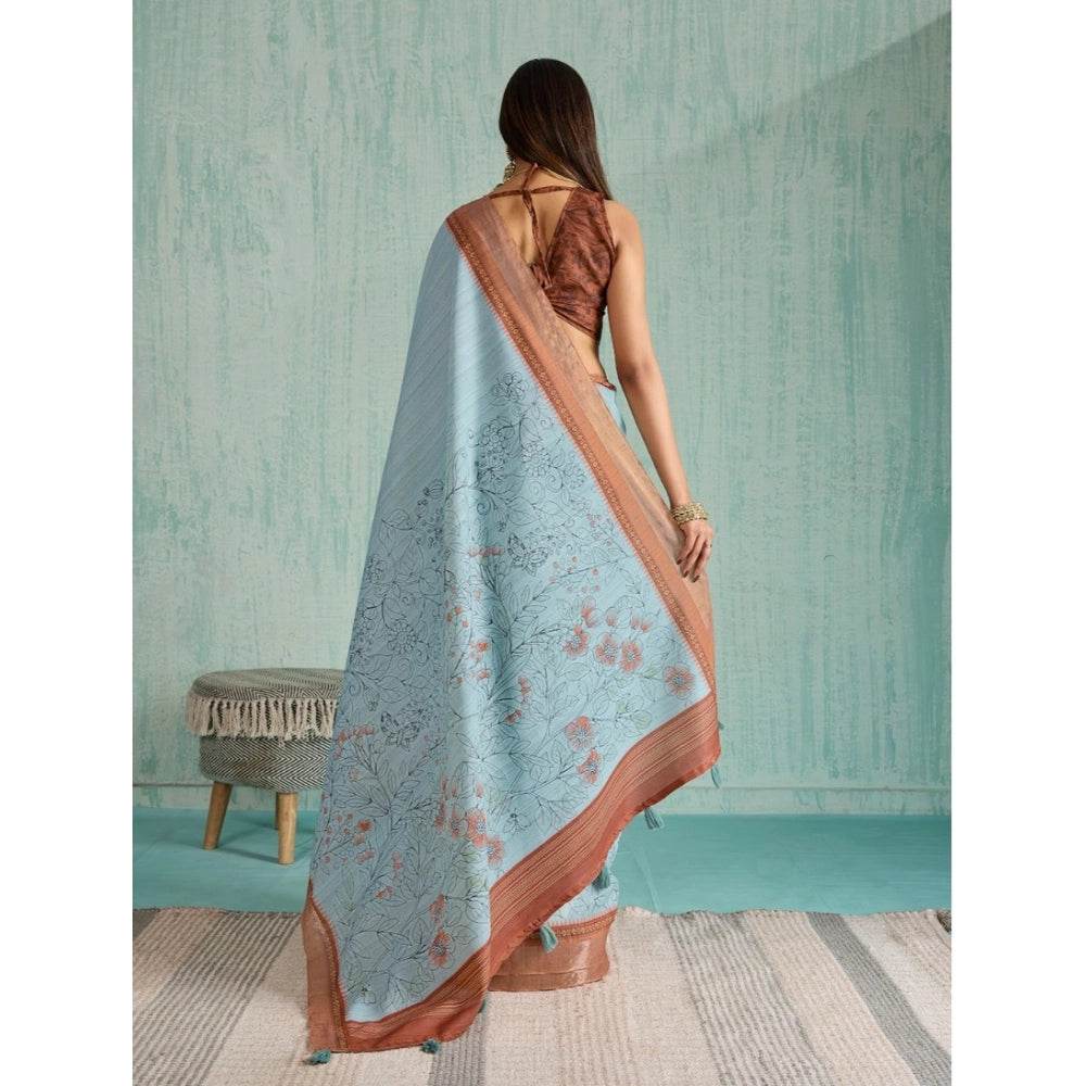 Generic Women's Silk Blend Printed Saree With Unstitched Blouse 5.5Mtr (Blue) - MYLUXURY LANE ENTERPRISE