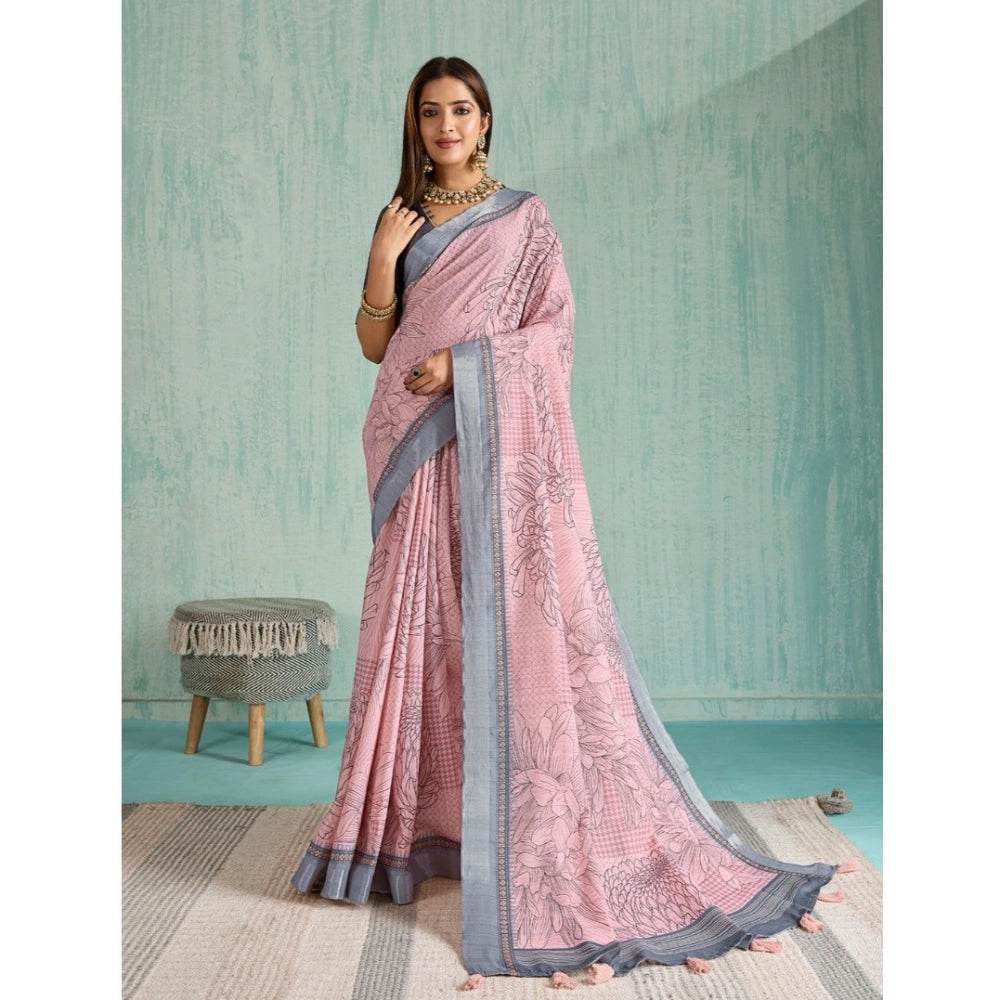 Generic Women's Silk Blend Printed Saree With Unstitched Blouse 5.5Mtr (Pink) - MYLUXURY LANE ENTERPRISE