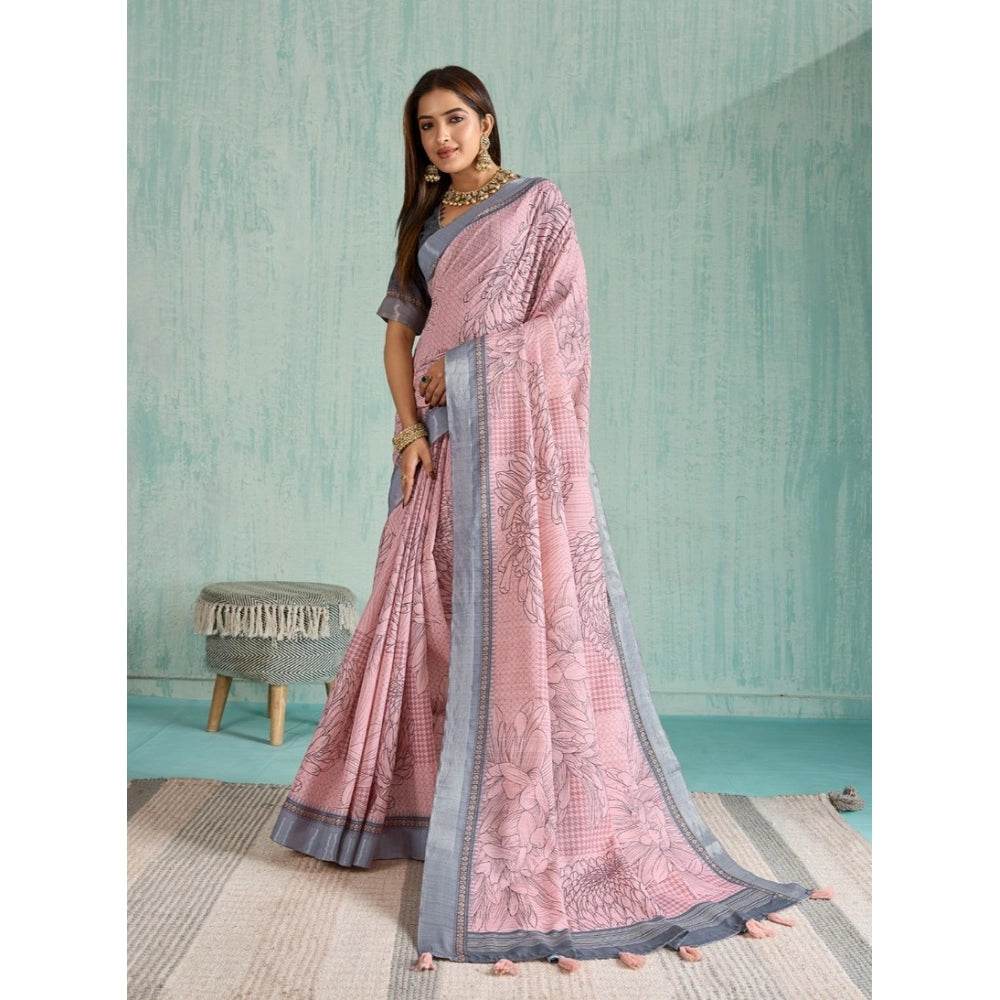 Generic Women's Silk Blend Printed Saree With Unstitched Blouse 5.5Mtr (Pink) - MYLUXURY LANE ENTERPRISE