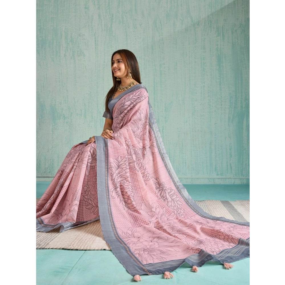 Generic Women's Silk Blend Printed Saree With Unstitched Blouse 5.5Mtr (Pink) - MYLUXURY LANE ENTERPRISE