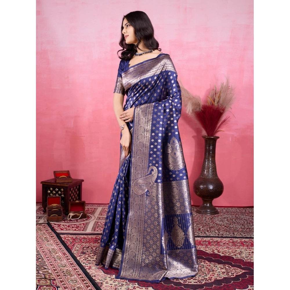 Generic Women's Banarasi Silk Printed Saree With Unstitched Blouse 5.5Mtr (Blue) - MYLUXURY LANE ENTERPRISE