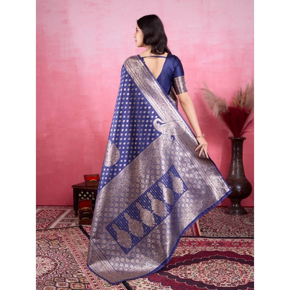 Generic Women's Banarasi Silk Printed Saree With Unstitched Blouse 5.5Mtr (Blue) - MYLUXURY LANE ENTERPRISE