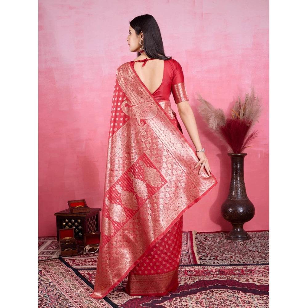Generic Women's Banarasi Silk Printed Saree With Unstitched Blouse 5.5Mtr (Red) - MYLUXURY LANE ENTERPRISE