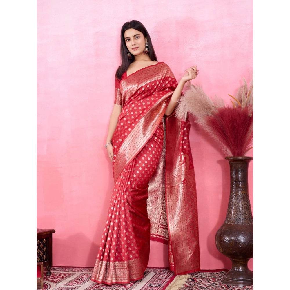 Generic Women's Banarasi Silk Printed Saree With Unstitched Blouse 5.5Mtr (Red) - MYLUXURY LANE ENTERPRISE