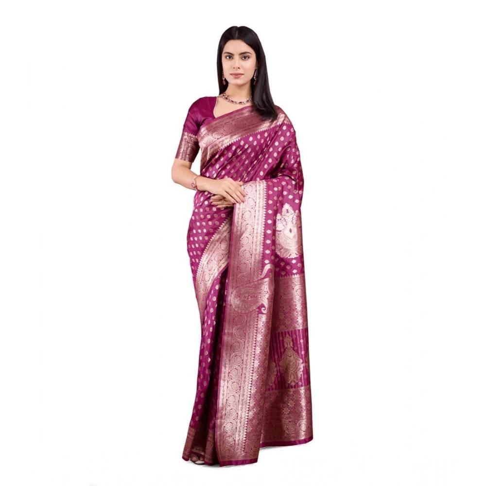 Generic Women's Banarasi Silk Printed Saree With Unstitched Blouse 5.5Mtr (Wine) - MYLUXURY LANE ENTERPRISE