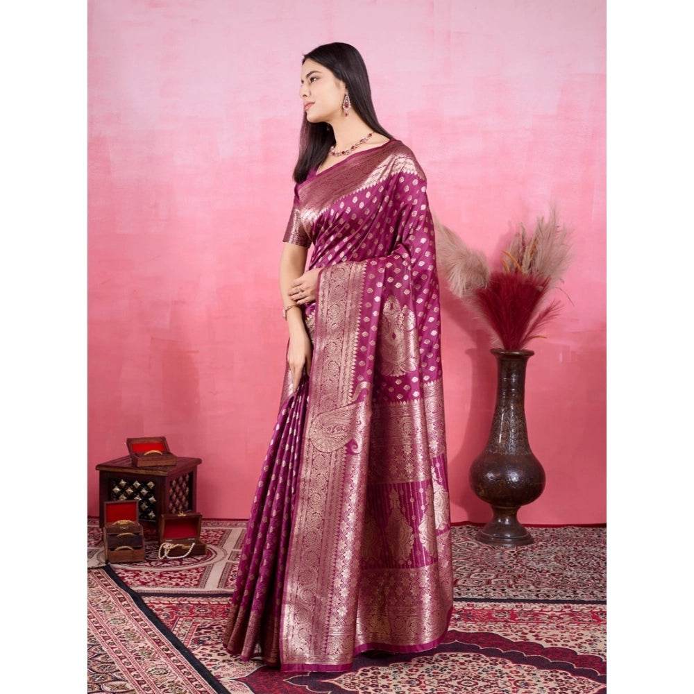 Generic Women's Banarasi Silk Printed Saree With Unstitched Blouse 5.5Mtr (Wine) - MYLUXURY LANE ENTERPRISE