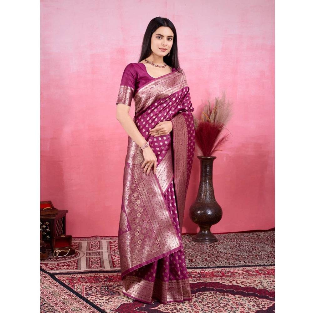 Generic Women's Banarasi Silk Printed Saree With Unstitched Blouse 5.5Mtr (Wine) - MYLUXURY LANE ENTERPRISE