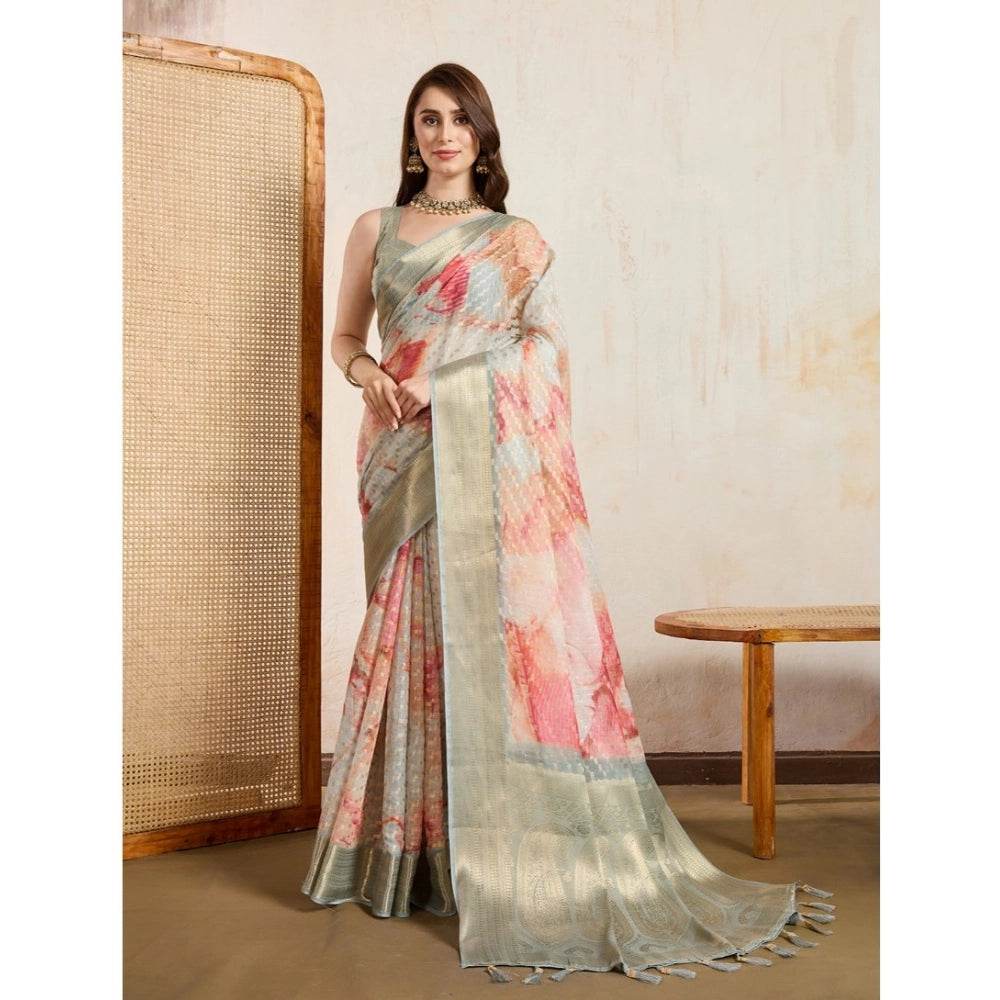 Generic Women's Viscose Printed Saree With Unstitched Blouse 5.5Mtr (Cream) - MYLUXURY LANE ENTERPRISE