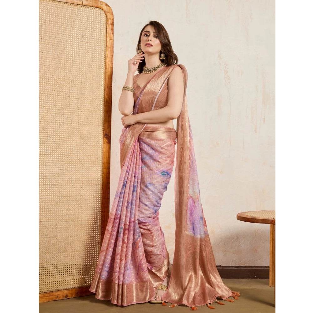 Generic Women's Viscose Printed Saree With Unstitched Blouse 5.5Mtr (Peach) - MYLUXURY LANE ENTERPRISE