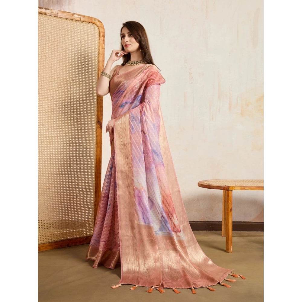 Generic Women's Viscose Printed Saree With Unstitched Blouse 5.5Mtr (Peach) - MYLUXURY LANE ENTERPRISE