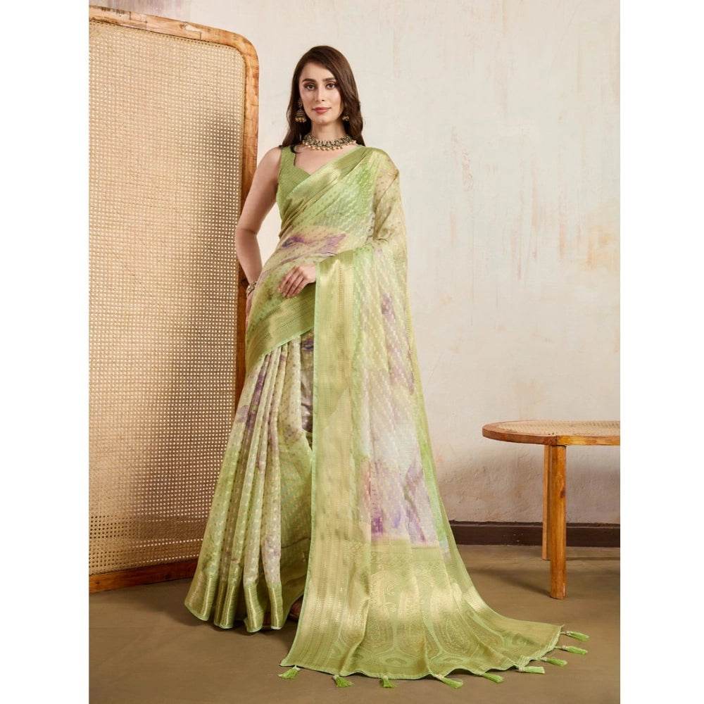 Generic Women's Viscose Printed Saree With Unstitched Blouse 5.5Mtr (Light Green) - MYLUXURY LANE ENTERPRISE