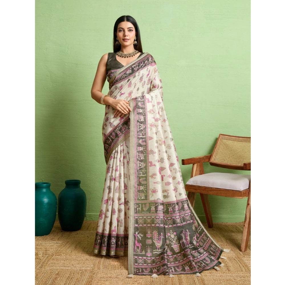 Generic Women's Silk Blend Printed Saree With Unstitched Blouse 5.5Mtr (Off White) - MYLUXURY LANE ENTERPRISE
