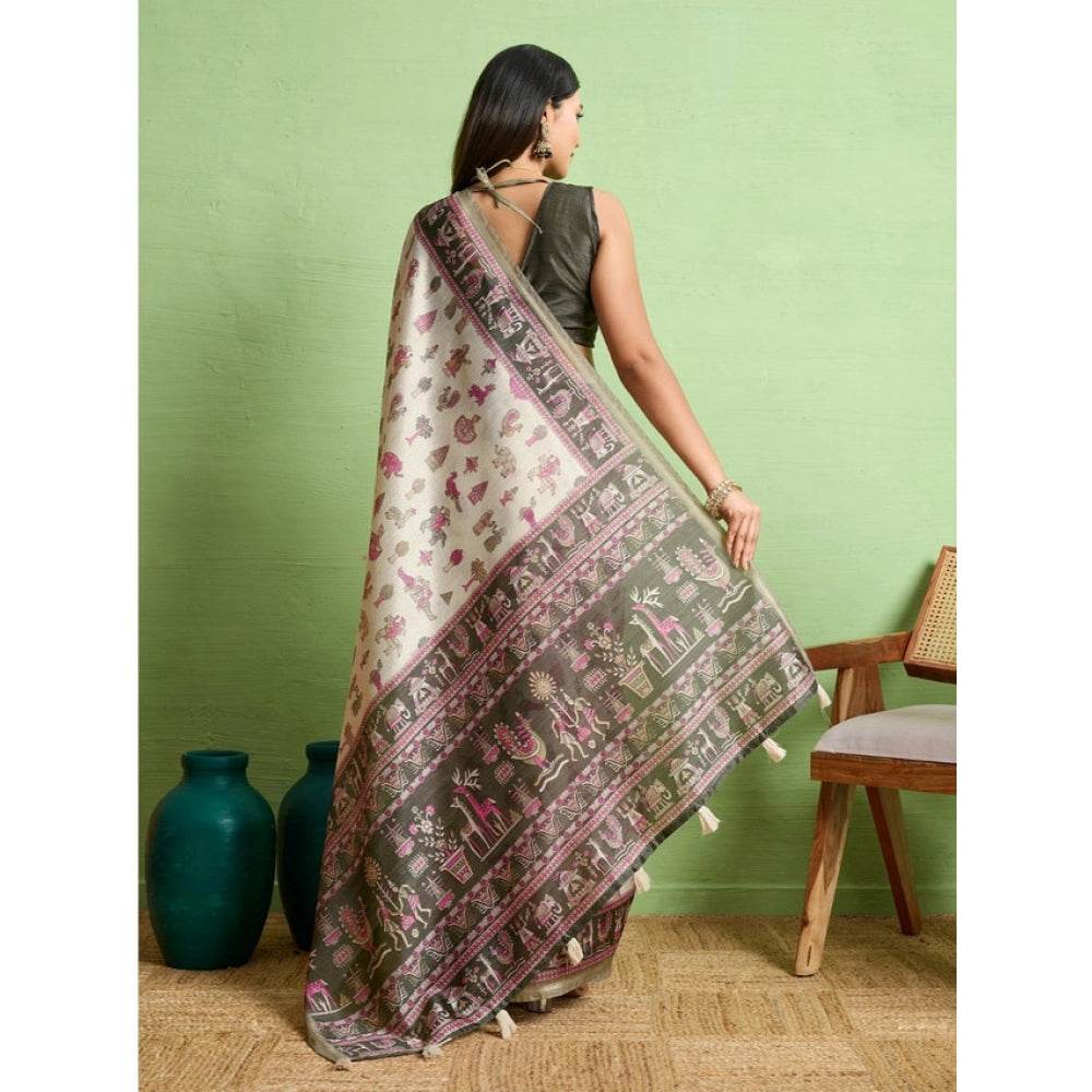 Generic Women's Silk Blend Printed Saree With Unstitched Blouse 5.5Mtr (Off White) - MYLUXURY LANE ENTERPRISE