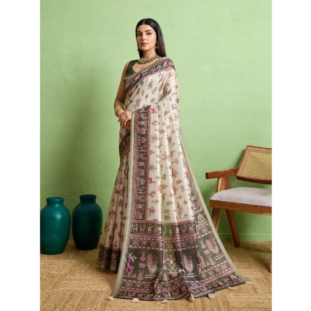 Generic Women's Silk Blend Printed Saree With Unstitched Blouse 5.5Mtr (Off White) - MYLUXURY LANE ENTERPRISE