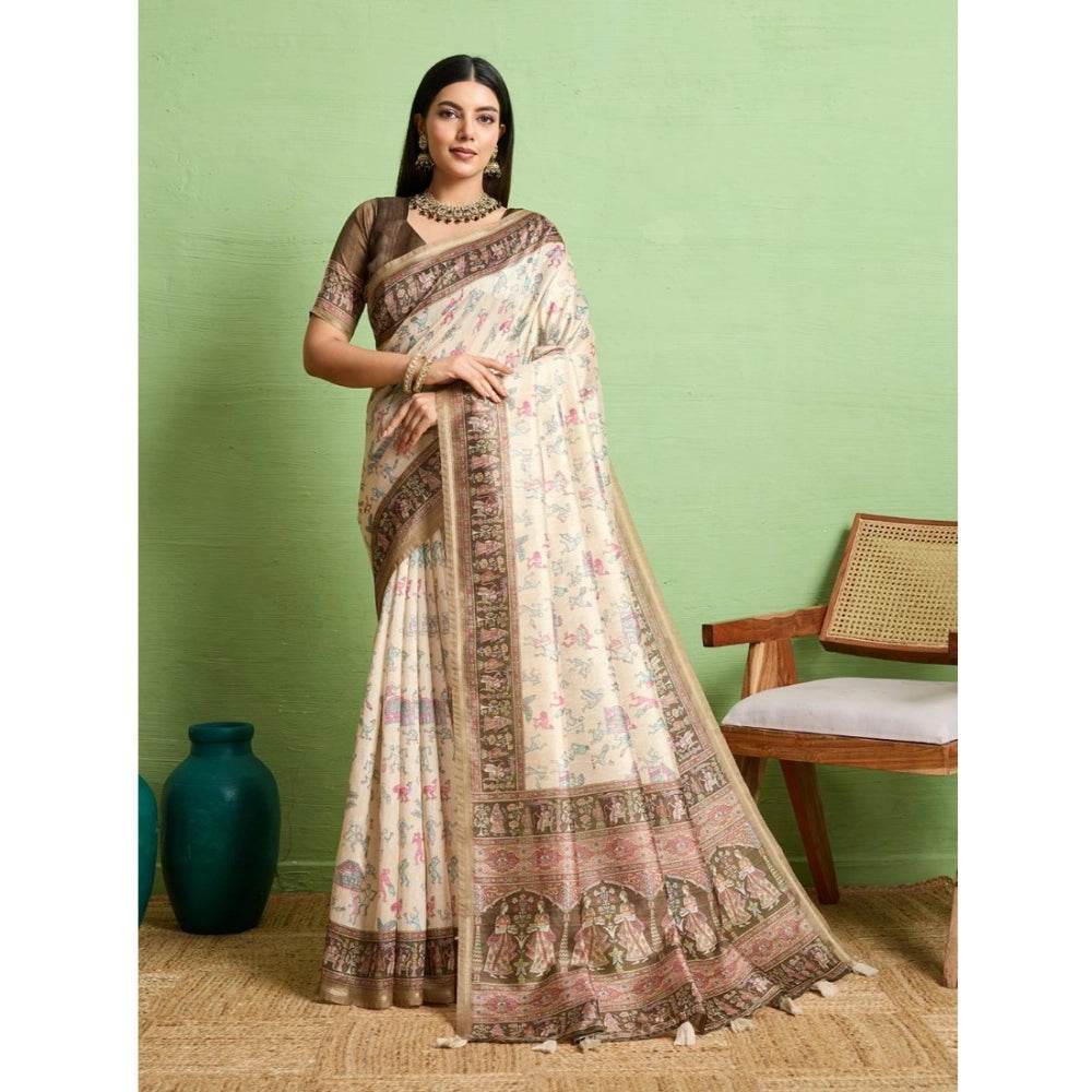Generic Women's Silk Blend Printed Saree With Unstitched Blouse 5.5Mtr (Cream) - MYLUXURY LANE ENTERPRISE