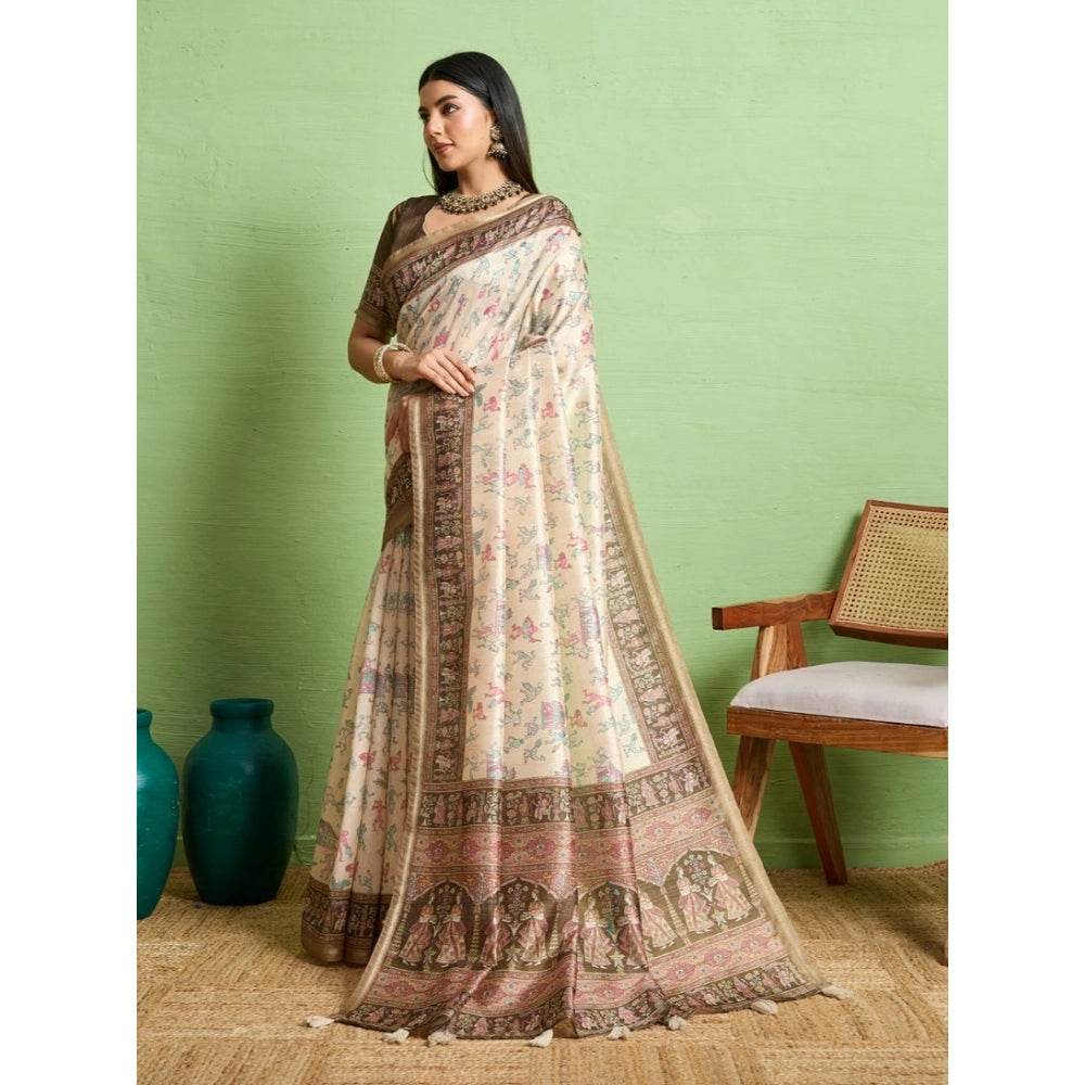 Generic Women's Silk Blend Printed Saree With Unstitched Blouse 5.5Mtr (Cream) - MYLUXURY LANE ENTERPRISE