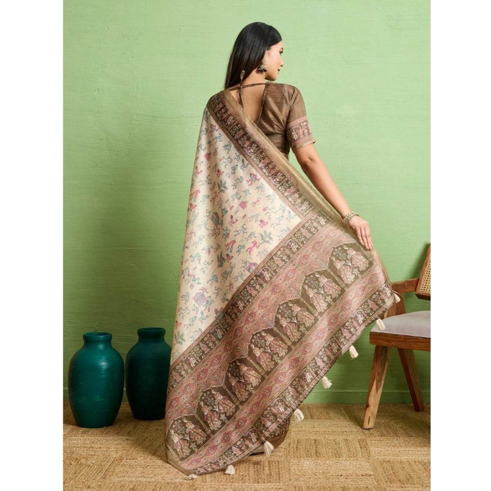 Generic Women's Silk Blend Printed Saree With Unstitched Blouse 5.5Mtr (Cream) - MYLUXURY LANE ENTERPRISE