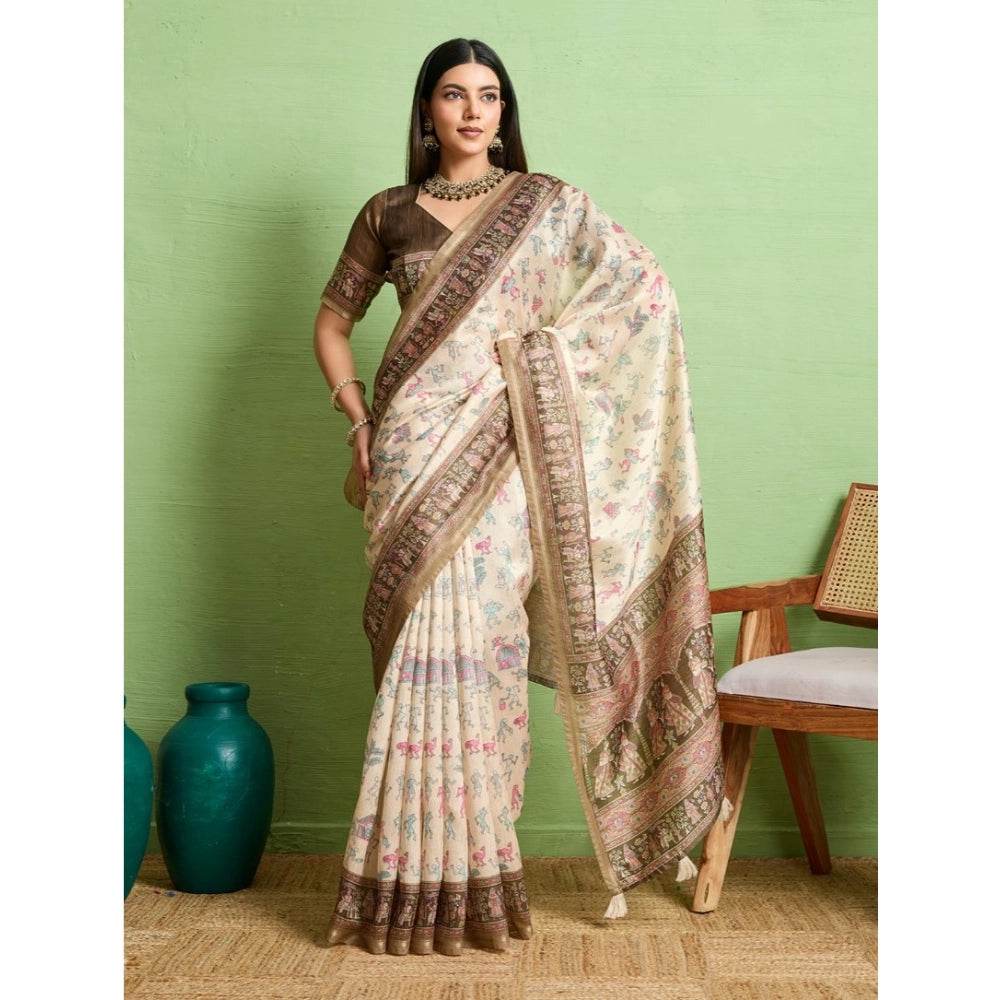 Generic Women's Silk Blend Printed Saree With Unstitched Blouse 5.5Mtr (Cream) - MYLUXURY LANE ENTERPRISE